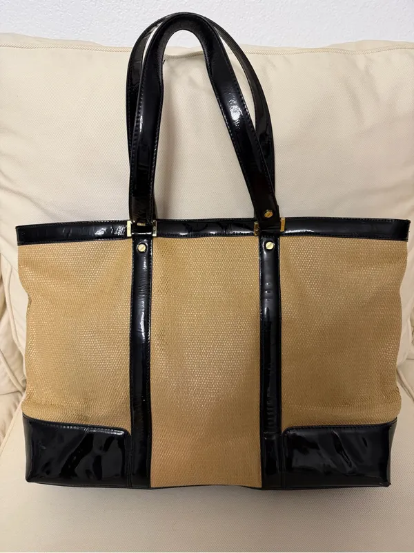 Tory Burch Tan Canvas Tote with Black Patent Leather Trim - Image 6