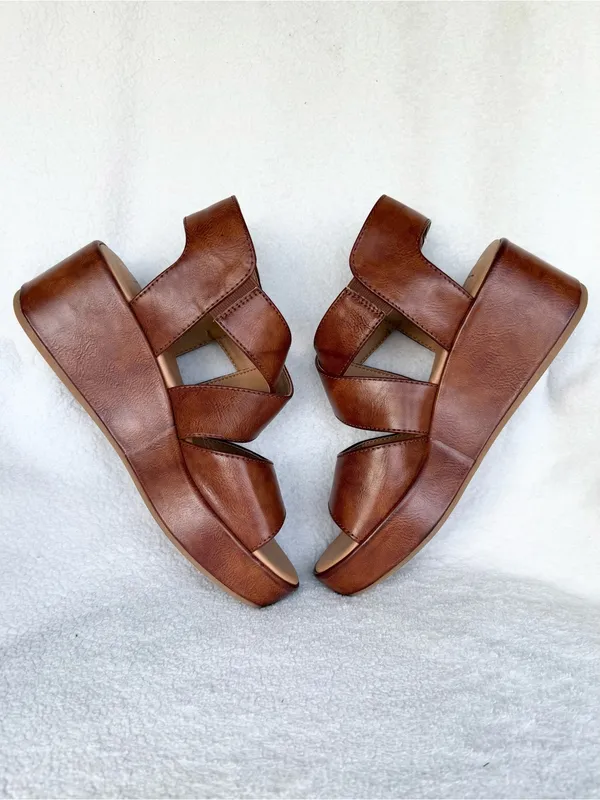 b.o.c. Women's Brown Leather Wedge Sandals - Comfortable Strappy Platform 7 - Image 6