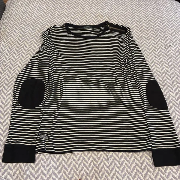 Lauren Ralph Lauren Womens Knit Tee Top Black/White Striped Elbow Patch Large - Image 2