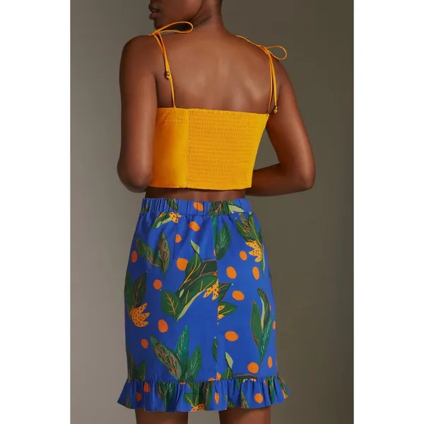 NWT Farm Rio Anthropologie Ruched Mini Skirt Small Blue Tropical‎ Fruit Vacation - Image 10