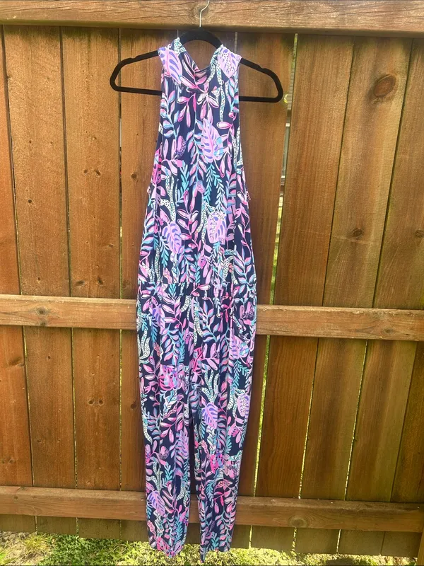 Lilly Pulitzer Wyota Tropical Jungle Blue Purple Jumpsuit Size Large - Image 4