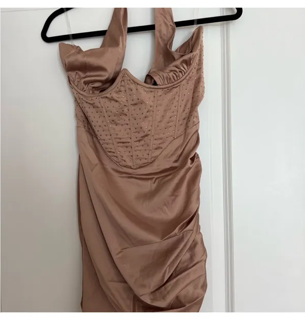 Oh Polly Elegant Halter Neck Dress in Shimmering Tan - Image 4
