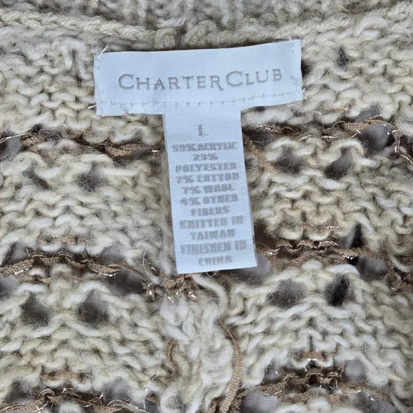 Charter Club Wool Blend Beige Brown Crochet‎ Knit Cardigan Sweater L 3/4 Sleeve - Image 3