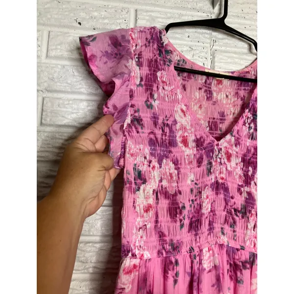 By the River Floral Maxi Dress Womens Large Pink Excellent Smocked Tiered Boho‎ - Image 4