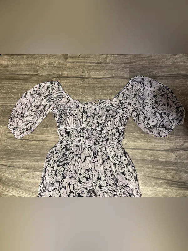 by Anthropologie Small Floral Smocked Puff Sleeve Midi Dress Boho Black - Image 6