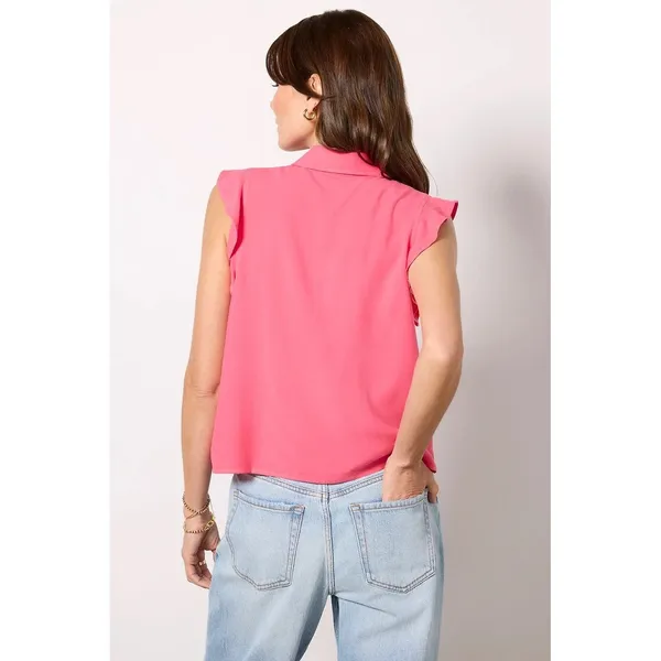 Cloth & Stone Women Ruffle Button‎ Down XS Pink Vibrant Hibiscus Sleeveless Top - Image 3