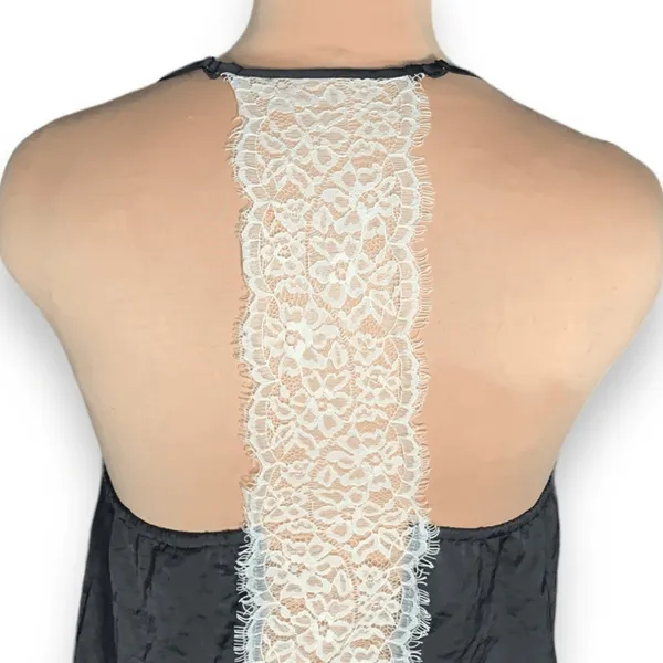 FT Black Satin Camisole Ivory Lace‎ Trim Adjustable Spaghetti Strap Large Top - Image 6