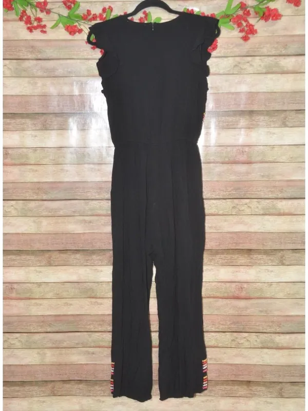 Savanna Jane M Black Embroidered Jumpsuit Boho Western Floral Wide Leg Rayon - Image 6