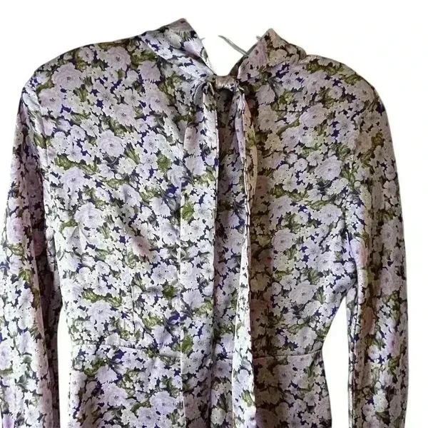 Zara Women's XS Floral Satin‎ Mini Dress Long Sleeve Multicolor Lilac Casual - Image 2