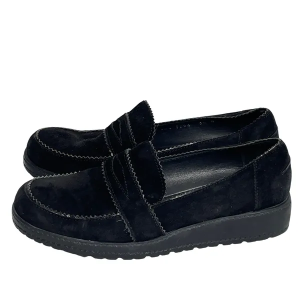 Stuart Weitzman Schooldays Black Suede Penny Loafers Wedge 8.5 Spain - Image 4