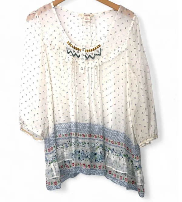 SUNDANCE | L | Blouse Top Womens Shirts Semi Sheer Embellished Beaded Pullover - Image 2