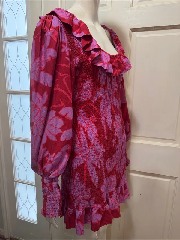 Farm Rio Smocked Floral Ruffle Mini Dress - Pink/Red - Image 9