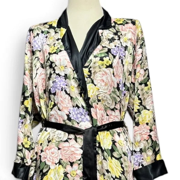 Victoria's Secret Gold Label Vintage Satin Robe Black Pink Purple Floral Small - Image 2