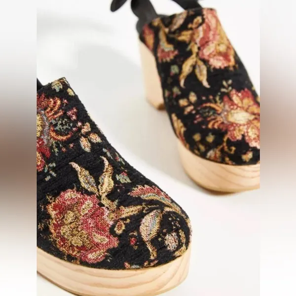 Anthropologie Floral Tapestry Wood Platform Clogs - Image 3