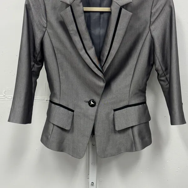 By Blu Grey Tailored Blazer Velvet Trim Pleated Peplum Jacket 26-0030 Size 34 XS - Image 5