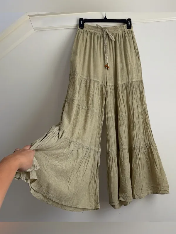 Young Threads Tiered Wide Leg Palazzo Pants S Moss Sage Linen Look Boho NWT - Image 3