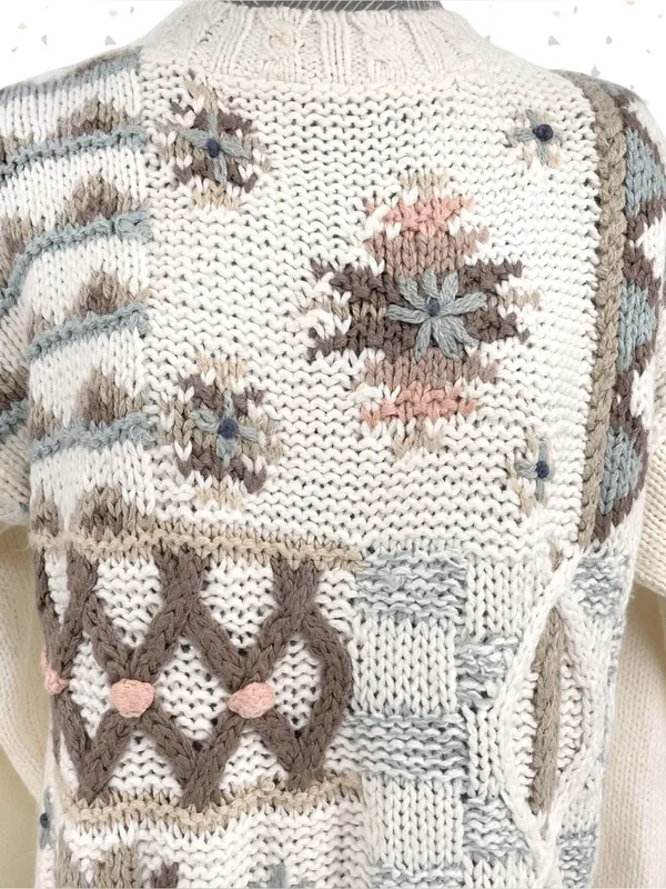 Vintage Winter Sweater Chunky Hand Knit Texture Oversized Boxy Cream Tan Size M - Image 3