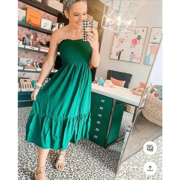 Aerie Kelly Green Smocked Strapless Midi Beachy Summer Dress XS NWT - Image 9