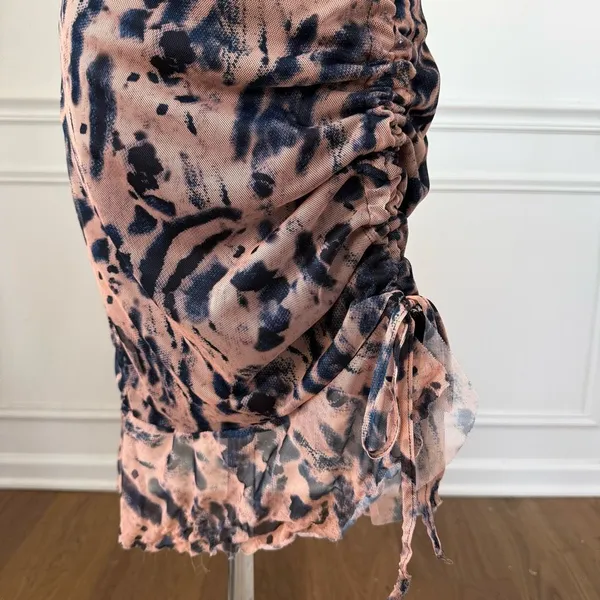 Pretty Little Thing Mesh Bodycon Ruched Mini Dress Dark Blue Beige Peach 4 - Image 5