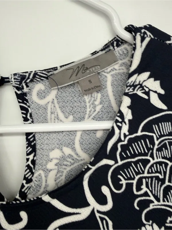 Navy Floral Asymmetrical A-Line Dress with White Trim - Image 8