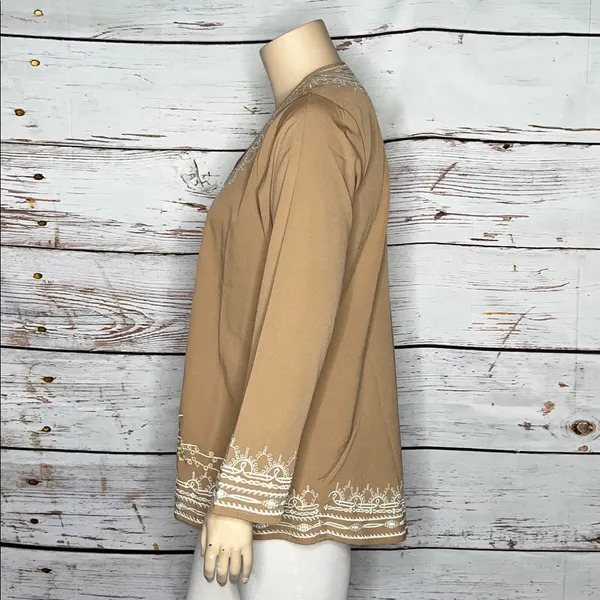 Novica Size XL Tan - Floral Embroidered Open Front Boho Cardigan Jacket - Image 2