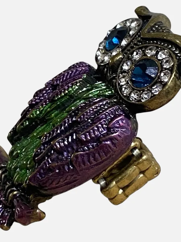 Boho Owl Ring Purple Green Rhinestone Enamel Stretch Adjustable Bronze Tone - Image 4