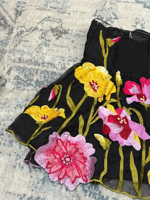 By Anthropologie Strapless Floral Organza Mini Dress Petite Medium - Image 8