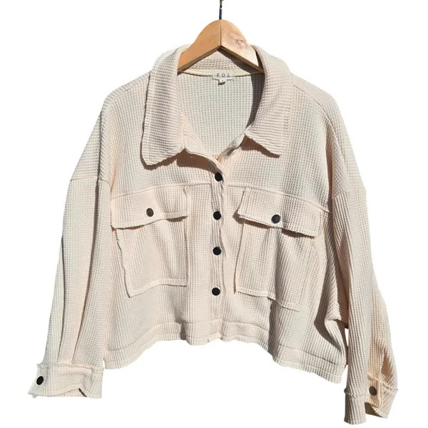POL Cream Waffle Knit Cropped Button Up Jacket Women's Size Large‎ - Image 2