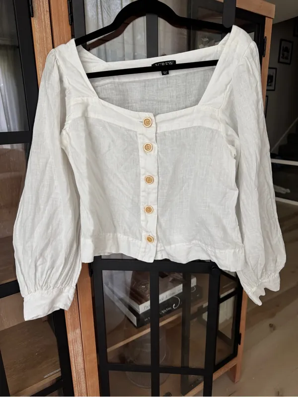 J. Crew linen top Squareneck button-up blouse puff long sleeve neutral - Image 2