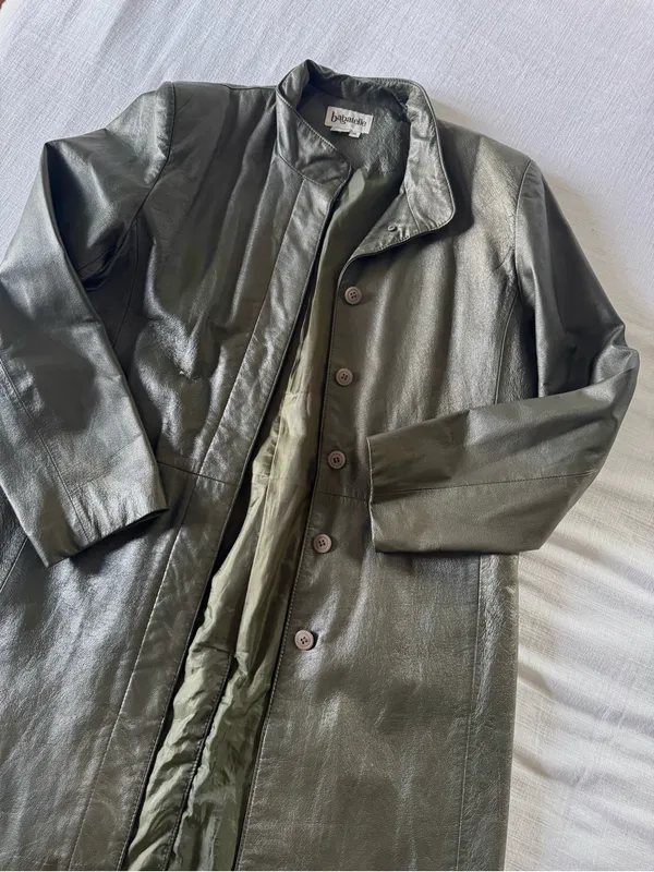 Bagatelle Olive Green Long Leather Jacket, size 14 - Image 4