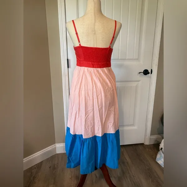 J. Crew Colorblock Tie Front‎ Maxi Dress Coral Pink Blue Spaghetti Strap Size 2 - Image 2