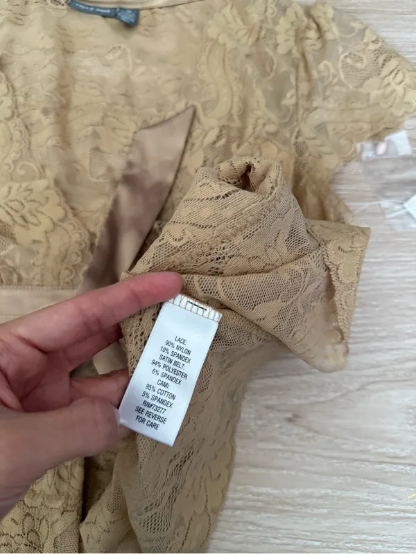 Apt. 9 Y2K Medium NEW Lace Blouse Victorian Satin Belt Tan Camel‎ Dainty Romantic Sheer - Image 6
