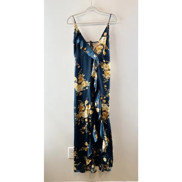 VICI Satin Floral Slit Maxi Slip Dress Green Large - Image 3