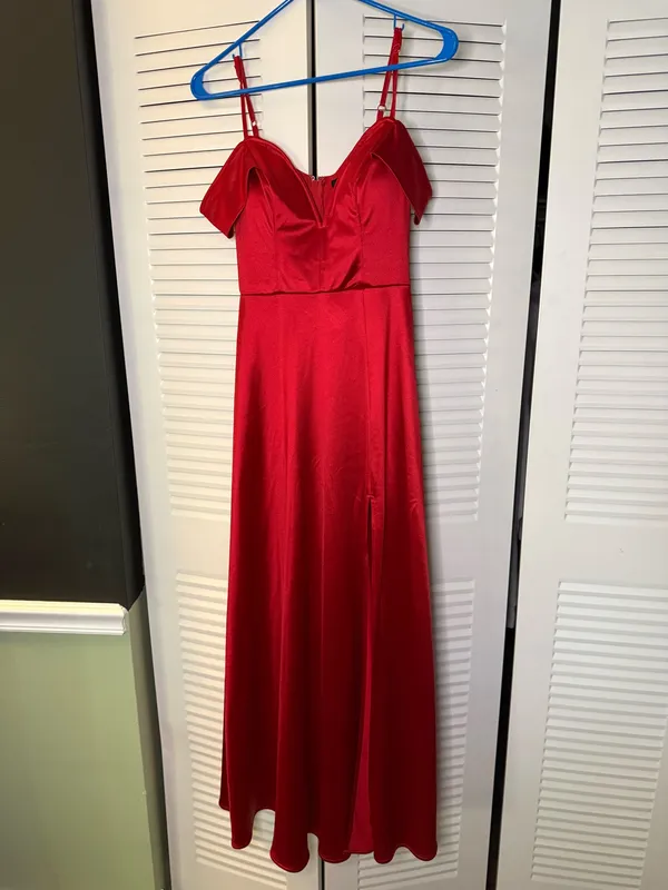 City Studios Red Satin Off The Shoulder Maxi Dress - Image 6
