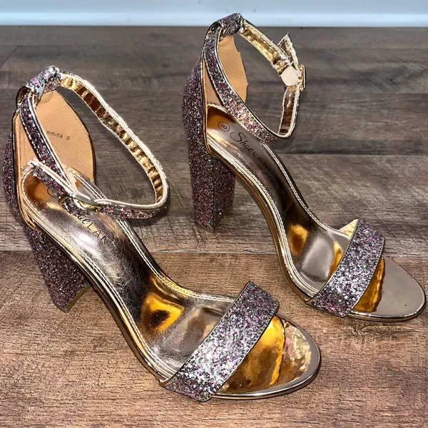 Rose Gold Glitter Strappy Block Heels Pink Size 8 - Image 3