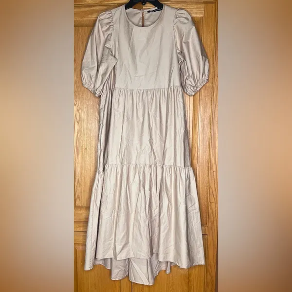 ZARA Asymmetric Puff Sleeve Tiered Cotton Poplin Midi Dress‎ in Camel Size XS - Image 12