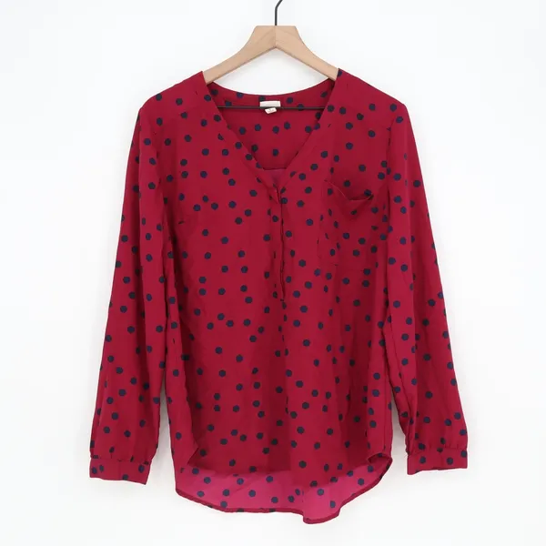 Merona Blouse Womens L Red Polka Dot V-Neck Long Sleeve Pocket Good - Image 2