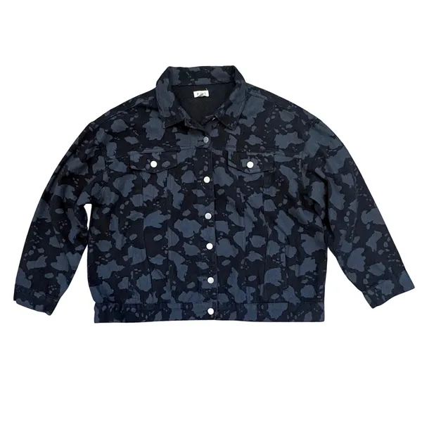 POL Denim Jacket Women LG‎ Black Camo Hand Painted Heart Graphic Streetwear Boho - Image 5