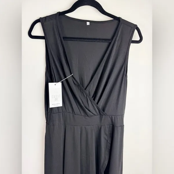 Halara Deep V Neck High Low Crossover Hem Midi Dress Black Large NWT - Image 11