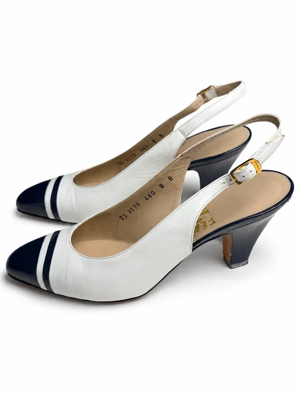 Salvatore Ferragamo Slingback Heels 8B White Navy Leather Italy Vintage 1980’s - Image 3