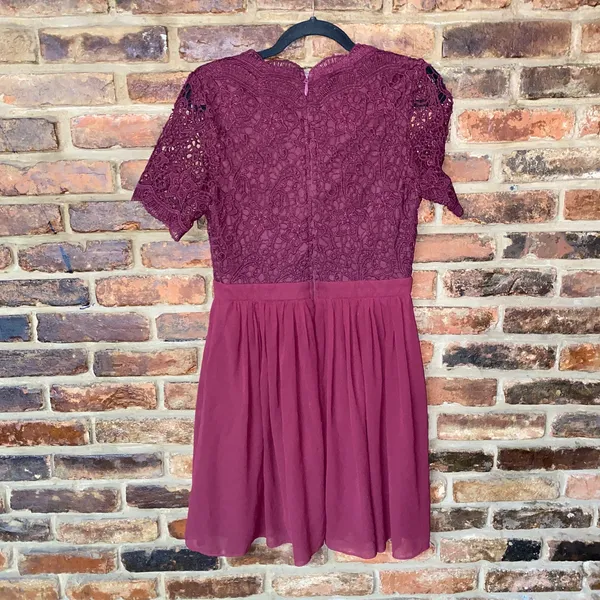 Lulus Burgundy Angel In Disguise Lace Skater Mini Dress Women's Size Medium - Image 9