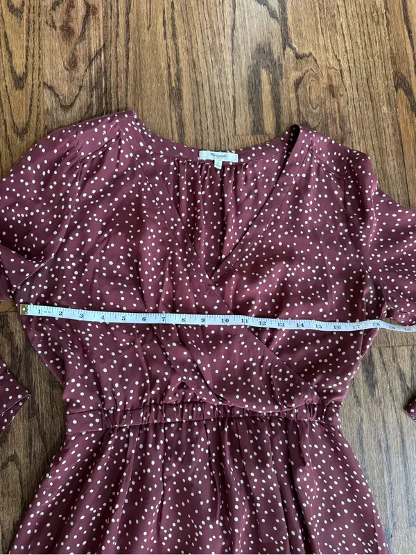 Madewell 6 Medium Mini Dress Long Sleeve Burgundy white polka dots Silk Babydoll - Image 3