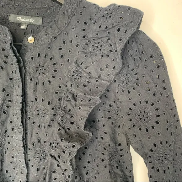 Madewell Black Eyelet Ruffle Front Button Down Shirt Size S‎ - Image 5