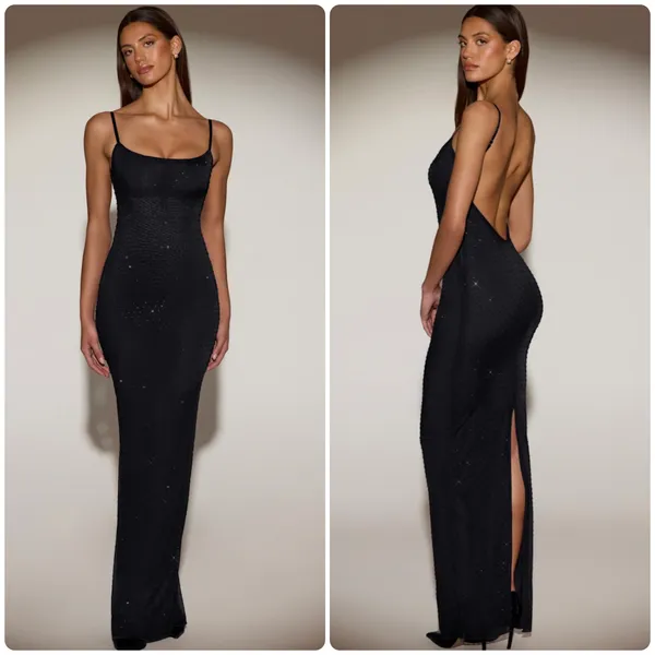 Oh Polly Celandine Sheer Embellished Backless Maxi Dress in Black size 4 New - Image 2