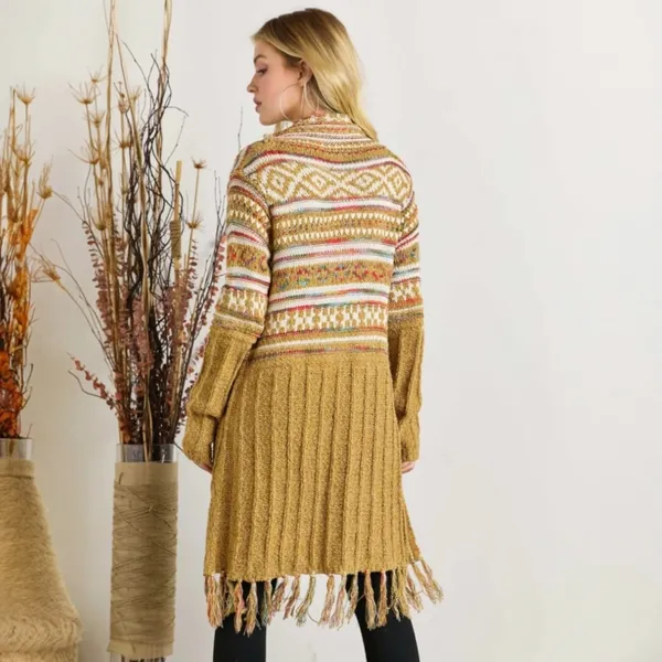 Bohemian Longline Knit Cardigan With Fringe Tassel Hem Southwestern Aztec Print - Image 3