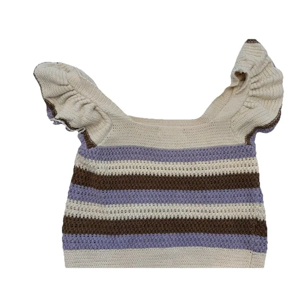 MNG Mango Beige Striped Knit Ruffle Flutter Sleeve Square Neck Cropped Top S - Image 13