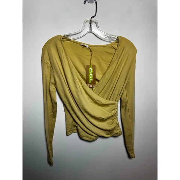 OGL Move Women XS Yellow Draped Wrap Front V-Neck Long Sleeve Athleisure Top Tee - Image 2