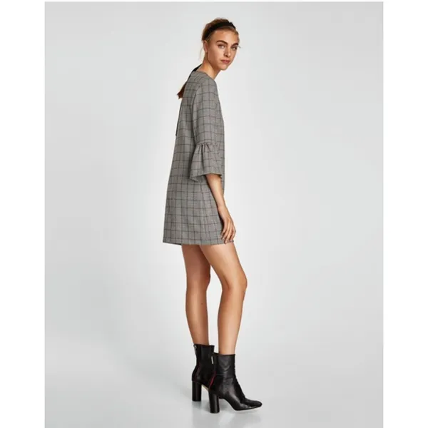 Zara Black & White Glen Check Plaid Long Sleeve Bell Sleeve Dress Medium - Image 3
