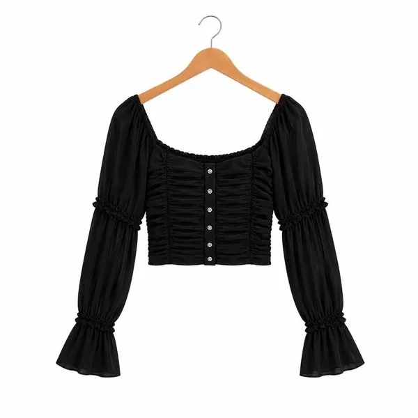 NWT Parisian Dark Romantic Ruched Button Crop Top Black Goth Bell Sleeve Size 10 - Image 3