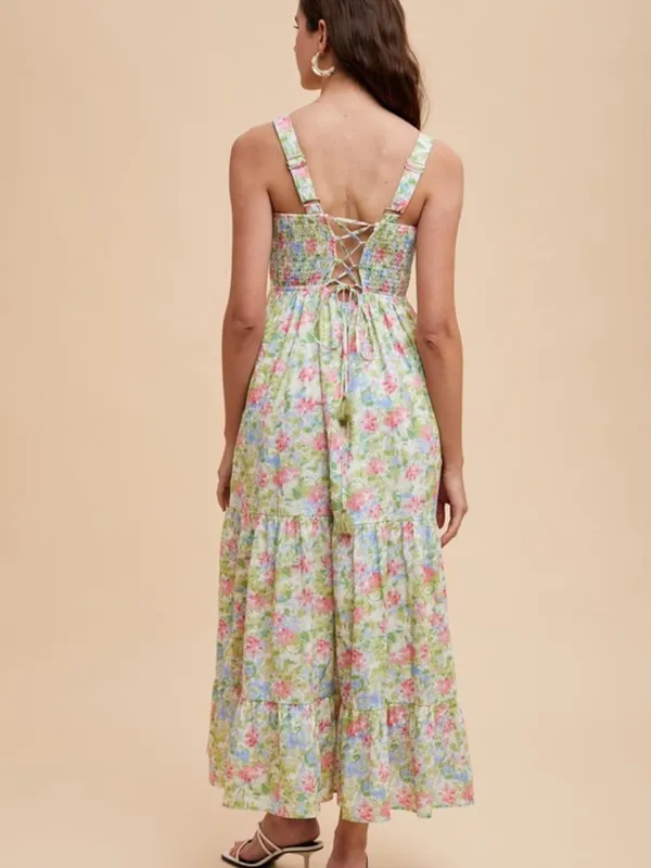 Floral Smocked Tiered Midi Dress Pink Blue Green Print Large - Image 6
